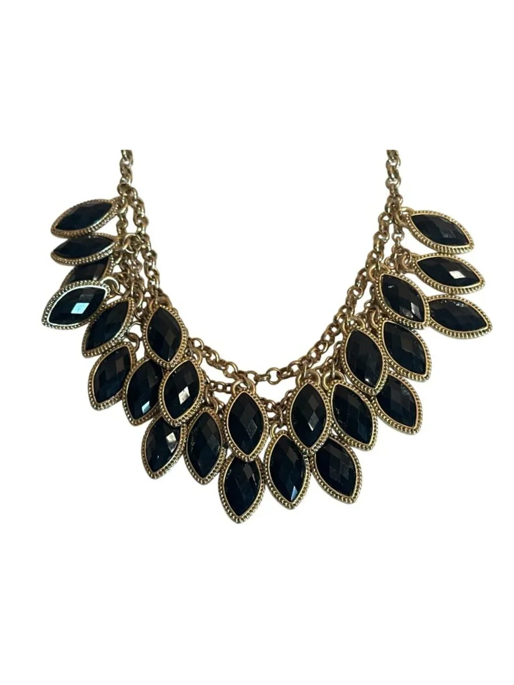 Gold-Tone Necklace Black Marquise Faceted Beads Bib Chunky Career Elegant